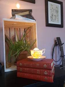 Teacup and Book Stack Lamp - yellow and gold